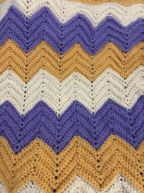 VTG Handmade Crochet Afghan 70’s/80’s Chevron Purple Yellow White 48x55"